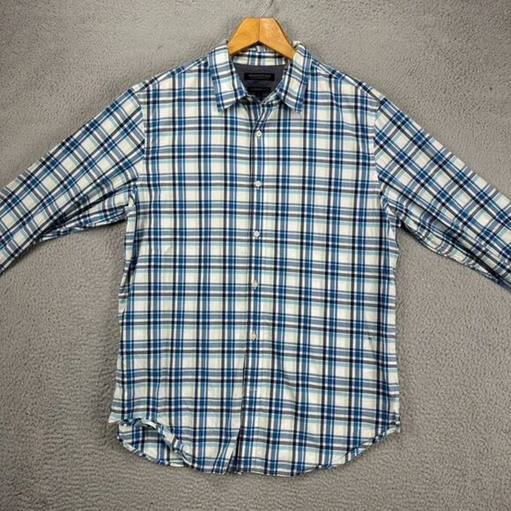 Banana Republic Button Up Shirt Adult Large White Blue Plaid Camden Fit Mens